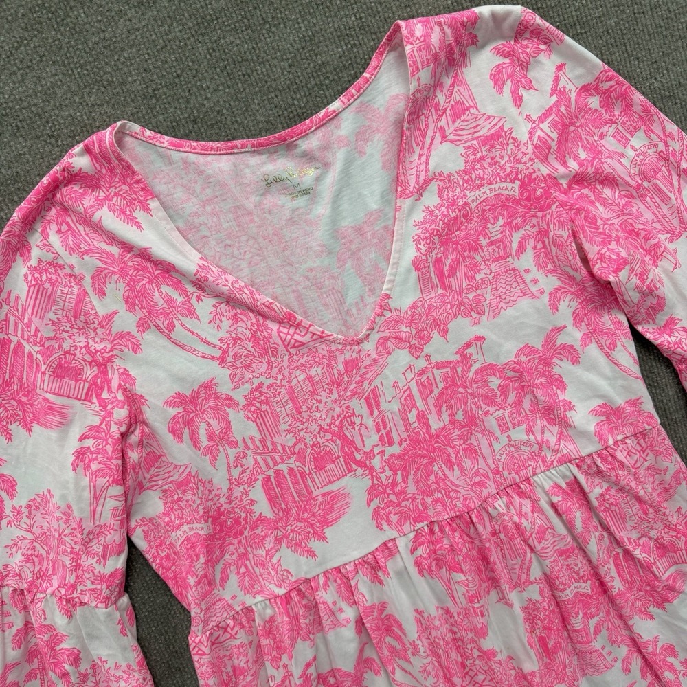 Lilly Pulitzer Jannie V Neck Dress Anniversary Toile Pink Pima Cotton Woman's M
